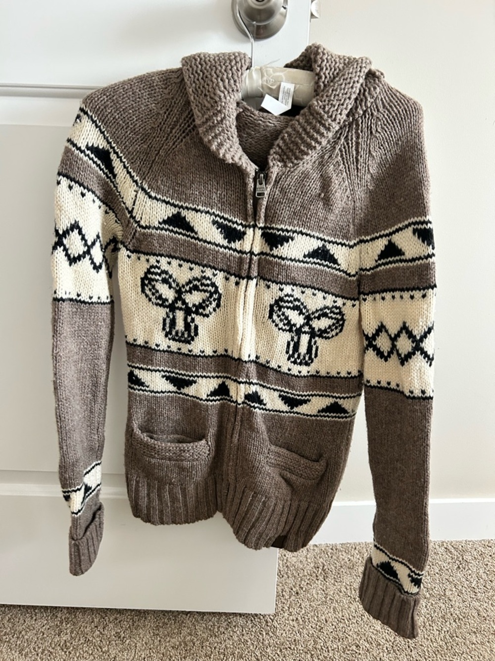 Aritzia Brown, Cream & Black Zip-Front Shawl Collar Knit Cardigan